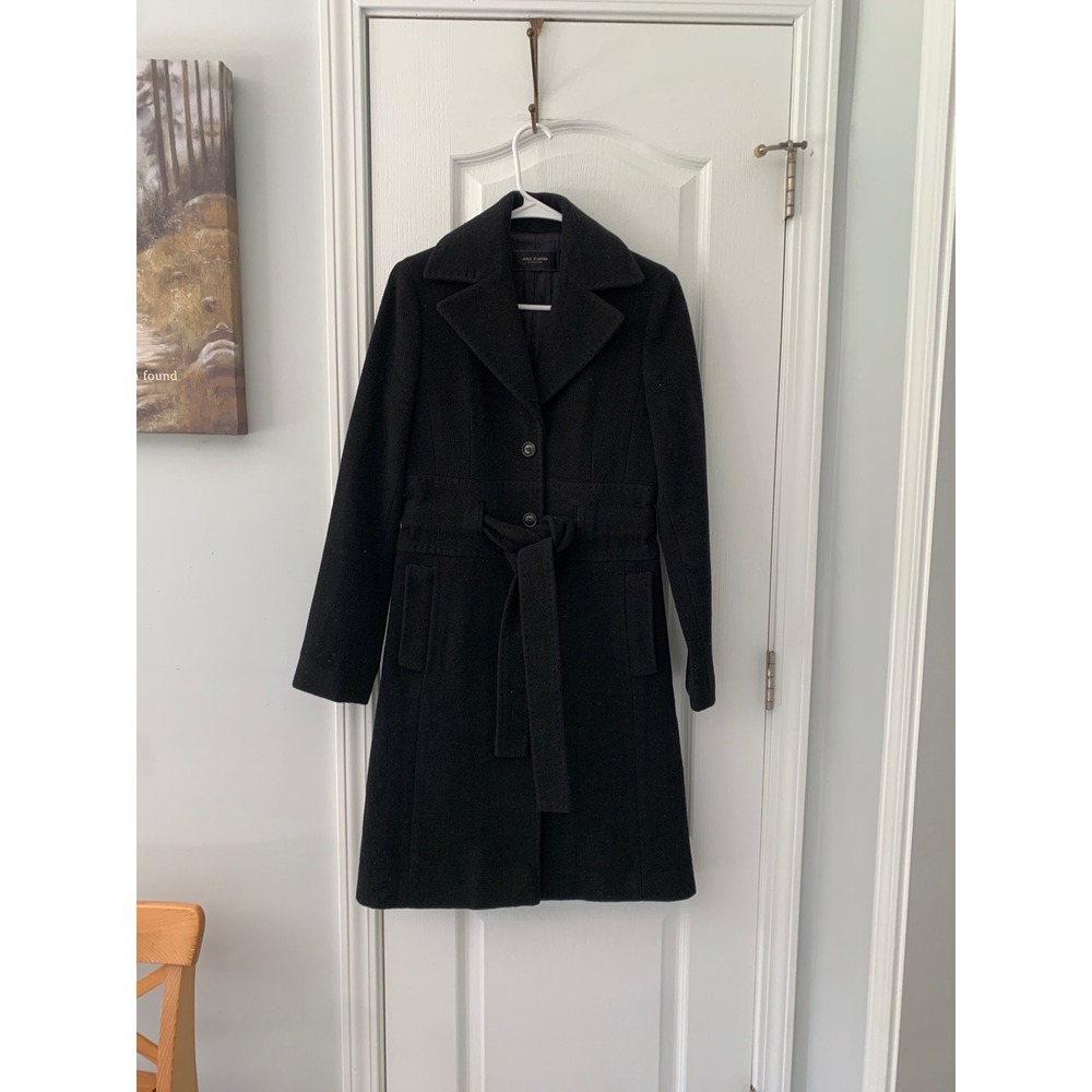 Ana Capri Le Collezioni Black Wool Cashmere Belted Long Coat Women Small AC345-1